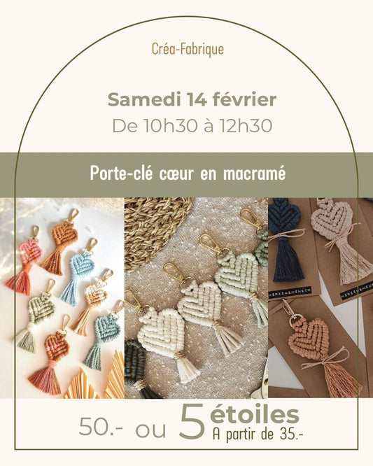 Porte-clé cœur en macramé - Samedi 14 février de 10h30 à 12h30